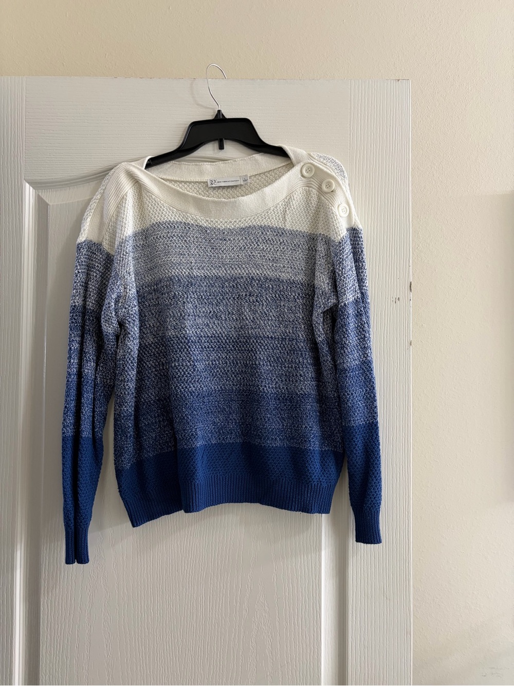 New York & Company Blue and White Ombre Button-Shoulder Sweater